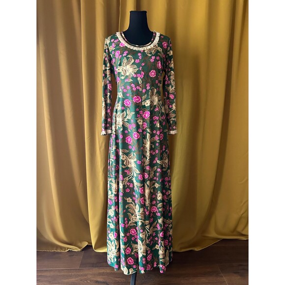 Unbranded Dresses & Skirts - Vintage 1960s Floral Maxi Dress, Lace Trim, Boho Cottagecore Style, Size Large